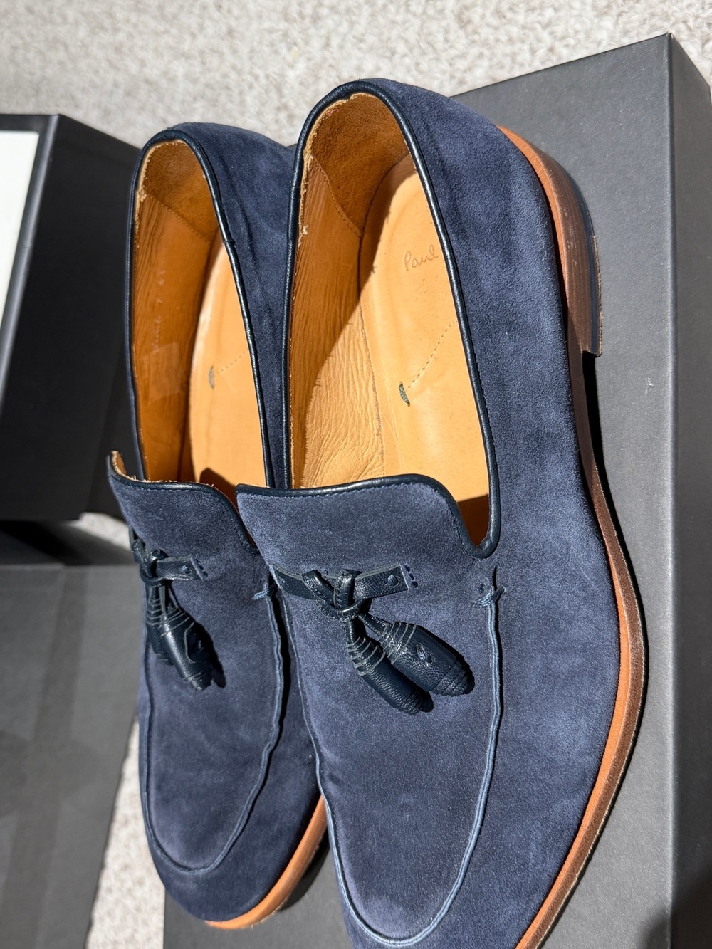 Paul Smith Navy Suede Tassel Loafers with Brown Sole Trim